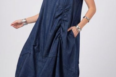 Rochie midi din jeans inchis cu fronseuri decorative