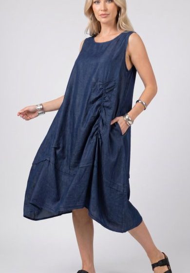 Rochie midi din jeans inchis cu fronseuri decorative