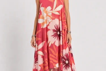 Rochie midi din vascoza cu imprimeu floral si croi asimetric caramizie