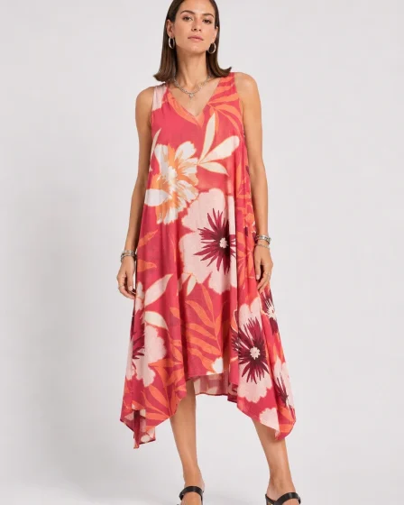 Rochie midi din vascoza cu imprimeu floral si croi asimetric caramizie