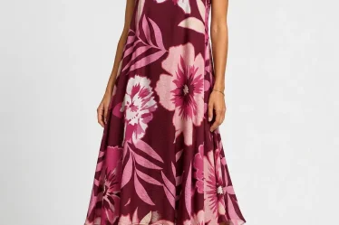 Rochie midi din vascoza cu imprimeu floral si croi asimetric roz bordo