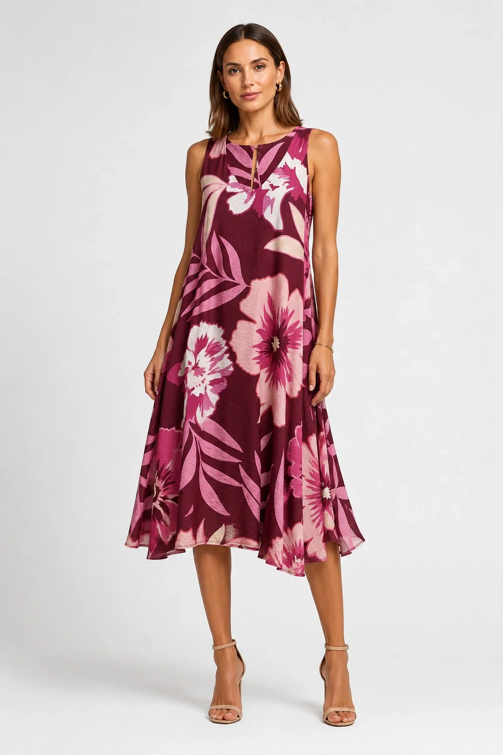 Rochie midi din vascoza cu imprimeu floral si croi asimetric roz bordo