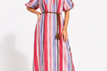 Rochie midi din vascoza cu imprimeu in dungi si maneci bufante rosu roz