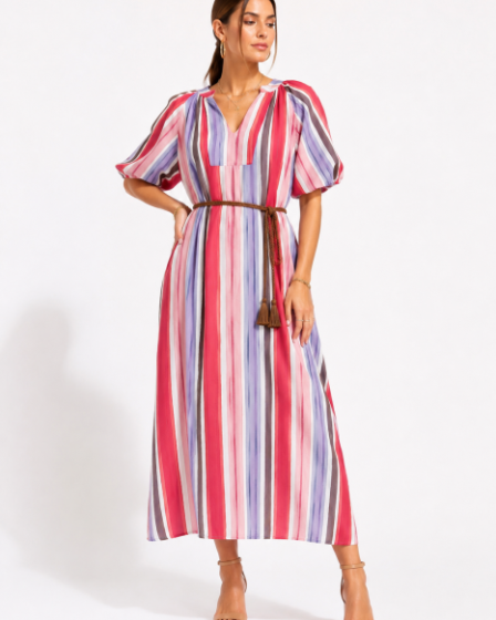 Rochie midi din vascoza cu imprimeu in dungi si maneci bufante rosu roz