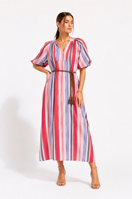 Rochie midi din vascoza cu imprimeu in dungi si maneci bufante rosu roz