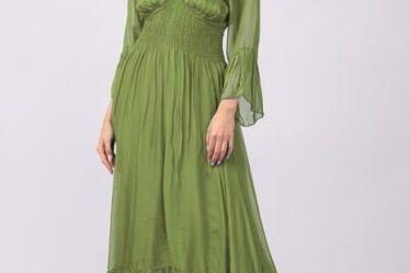 Rochie verde oliv din matase si vascoza cu banda elastica in talie si volane