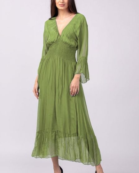 Rochie verde oliv din matase si vascoza cu banda elastica in talie si volane